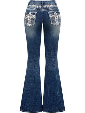Y2K Embroidered Bell Bottom Jeans for Women | Stretch Flare Denim Pants